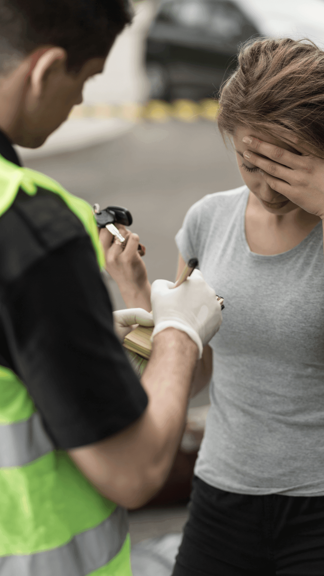 Person in safety vest writing on clipboard with a woman holding her head nearby.